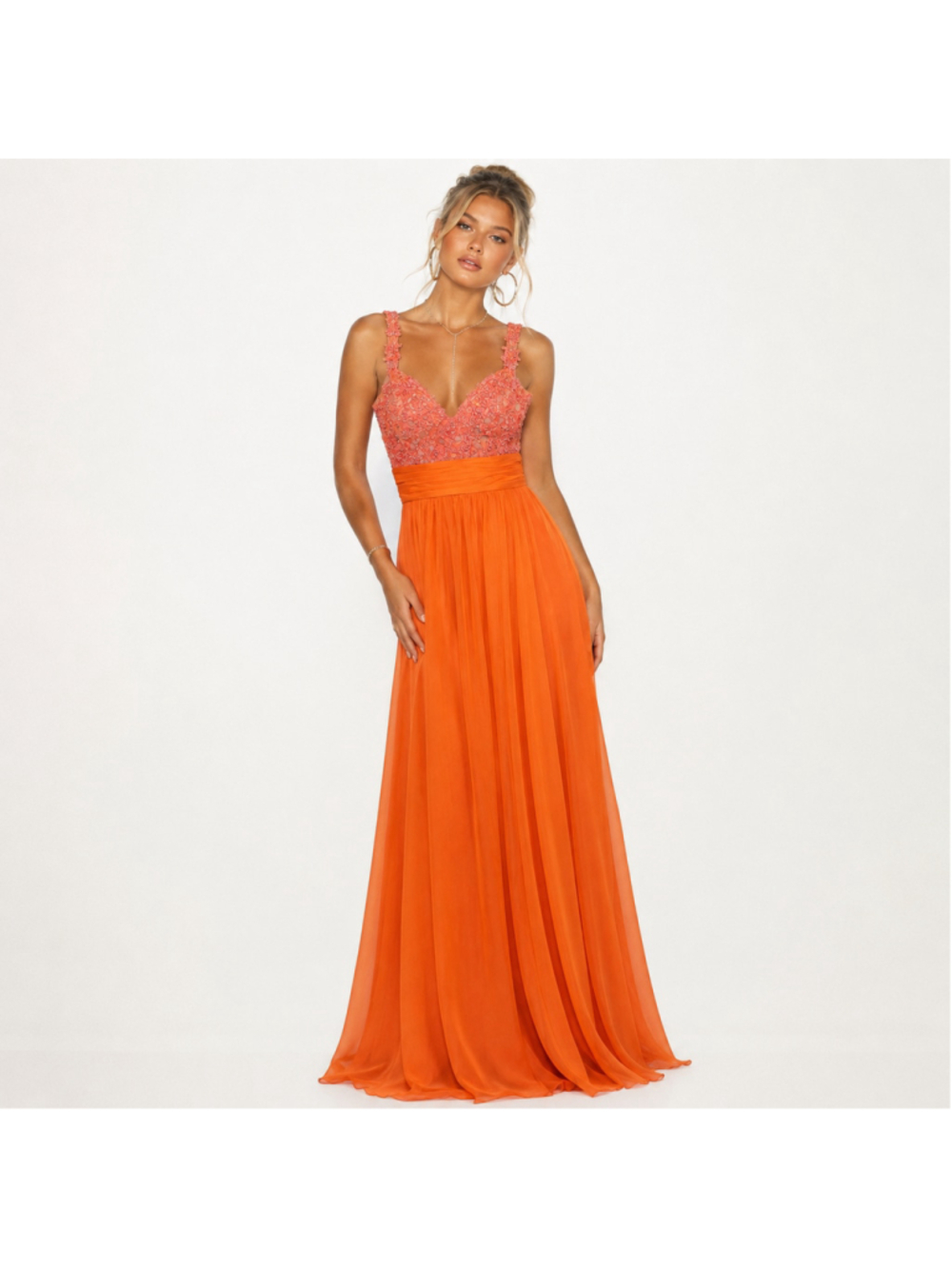 Orange Embellished V-Neck Maxi Dress